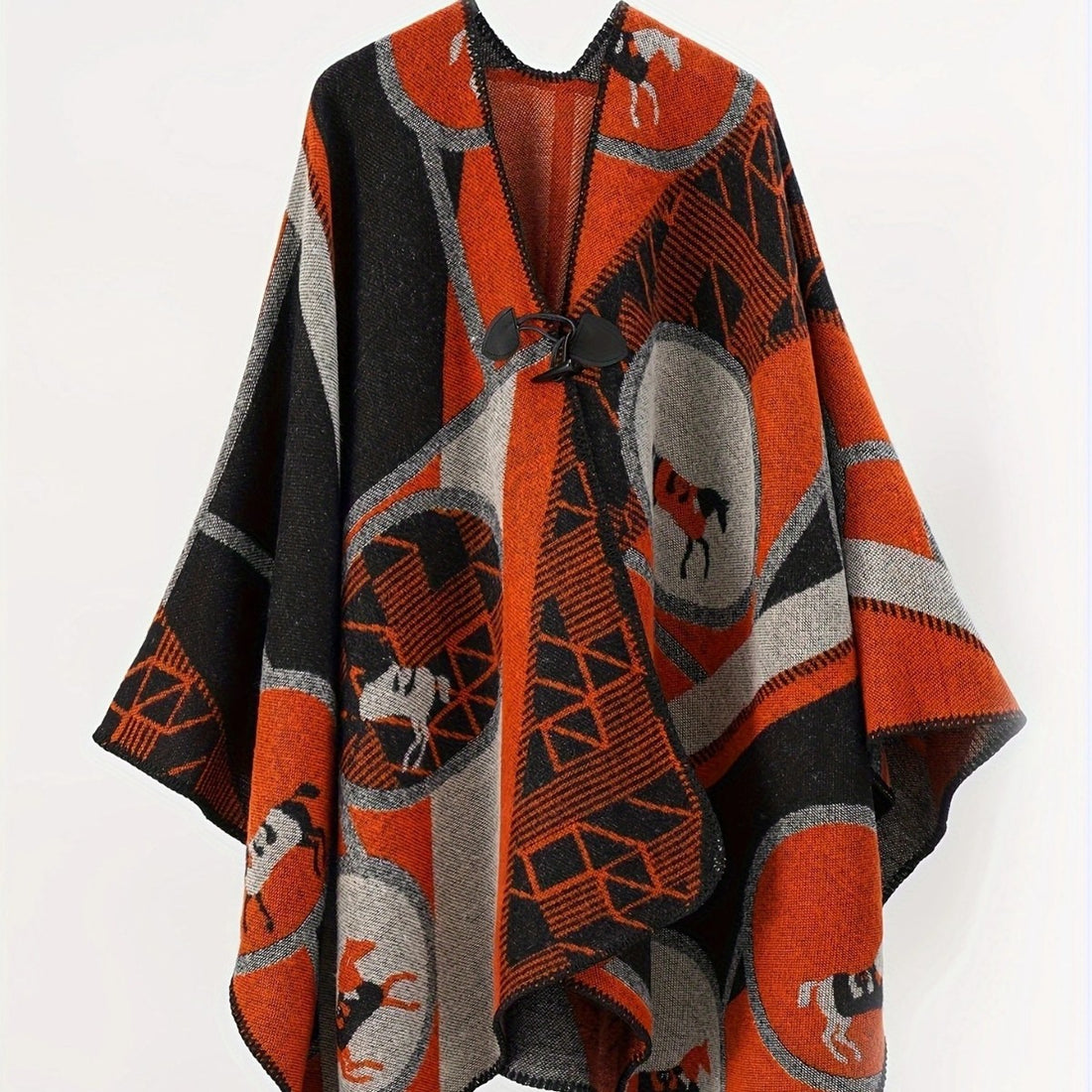 Damen Wollmix-Jacquard-Ruana mit Pferdemotiv, Knebelverschluss und offener Kimono-Silhouette – Montévia