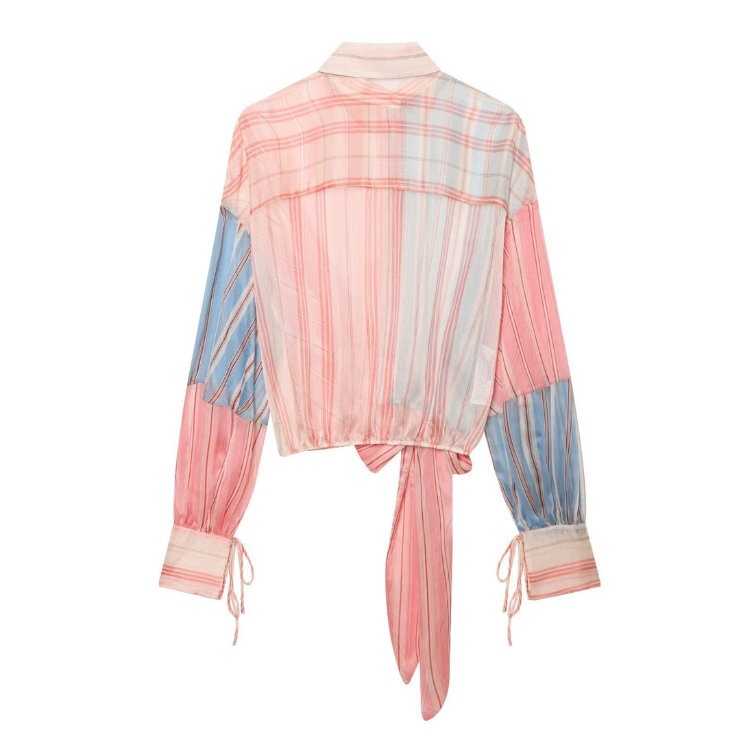 Damen Gestreifte Wickelbluse mit Knotenfront, Ballonärmeln und Hemdkragen Echoarchiv