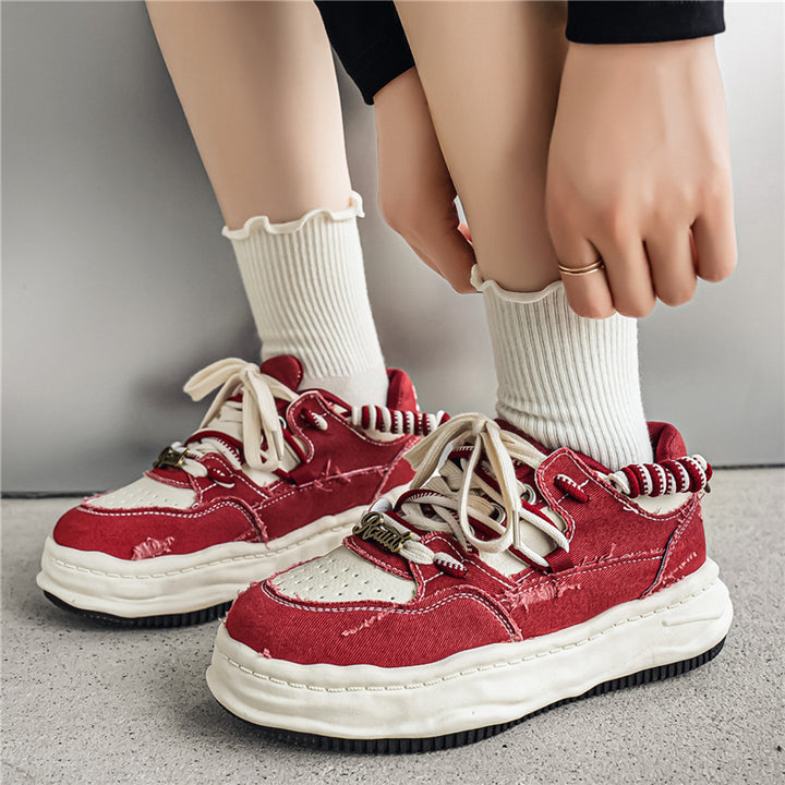 Damen denim-Plateau-Sneaker mit kontrastnähten, wattierter Wellenlaufsohle und verzierten Schnürdetails Echo Archiv