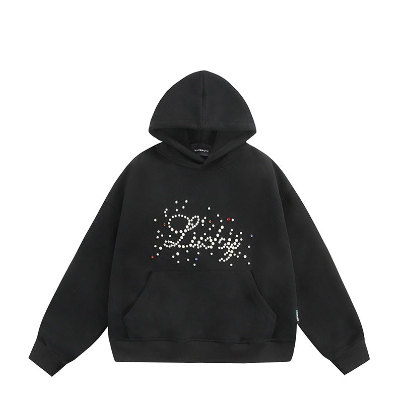 Unisex Oversize Kapuzenpullover mit Perlen‑ und Strassapplikation Echoarchiv