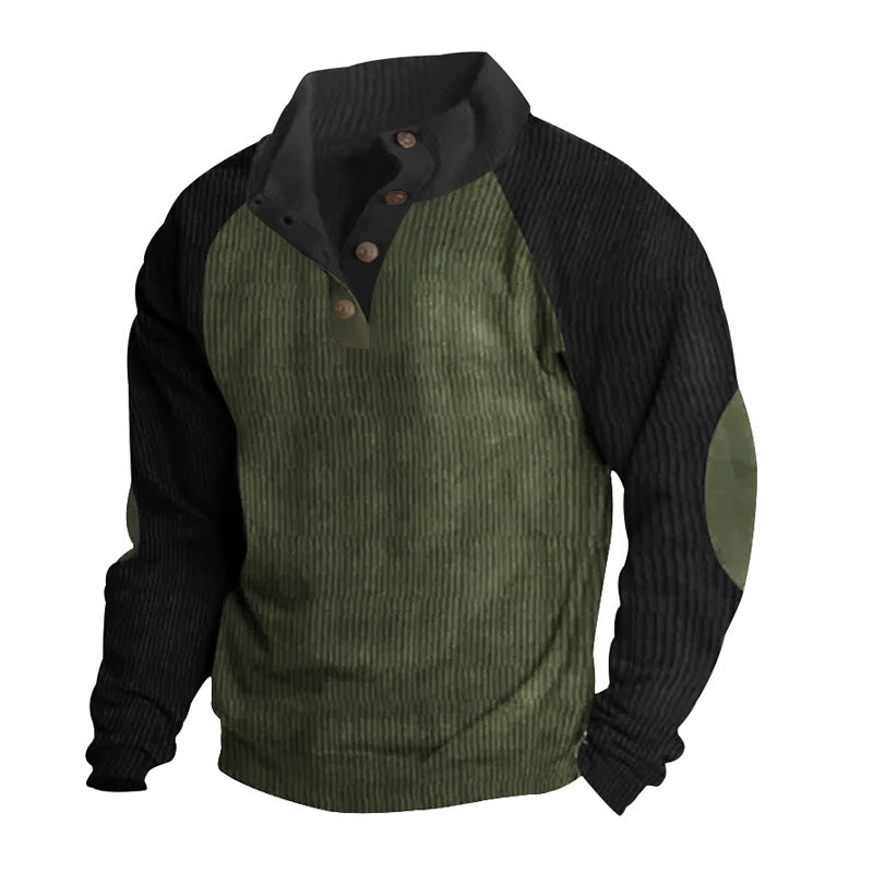 Herren Strukturiertes Raglan-Henley-Pullover mit Stehkragen, Ellenbogenpatches & Knopfleiste – Norvane