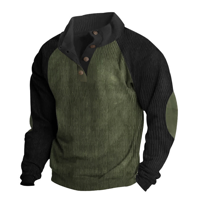 Herren Strukturiertes Raglan-Henley-Pullover mit Stehkragen, Ellenbogenpatches & Knopfleiste – Norvane
