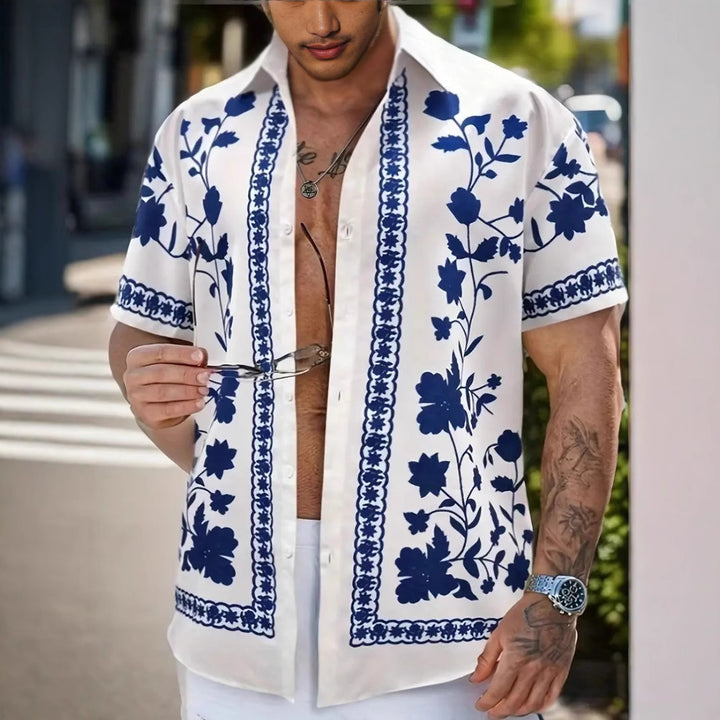 Herren Freizeithemd mit floralem Stickdesign und kurzärmeliger Passform Echoarchiv