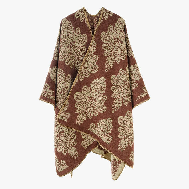 Damen Wollmix-Capeponcho mit beidseitigem Jacquard‑Paisley und kontrastierter Rollkante – Montévia