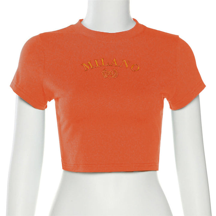 Damen cropped T-Shirt mit gesticktem Schriftzug und rundem Ausschnitt Echo Archiv