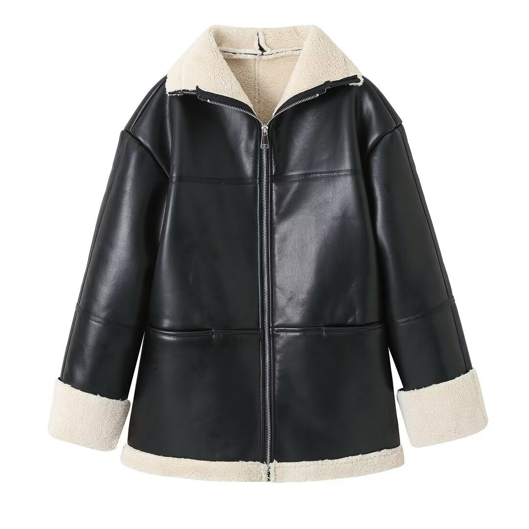 Damen kastiger Kunstleder-Mantelblouson mit voluminösem Teddykragen, wärmendem Sherpa‑Futter und durchgehendem Reißverschluss – Célinea