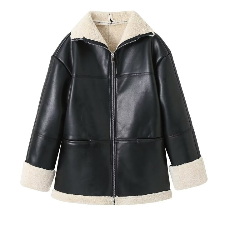 Damen kastiger Kunstleder-Mantelblouson mit voluminösem Teddykragen, wärmendem Sherpa‑Futter und durchgehendem Reißverschluss – Célinea