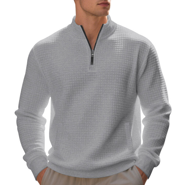 Herren Waffelstrick-Halbzip-Pullover mit Stehkragen, Kängurutasche & gerippten Abschlüssen – Cavarno