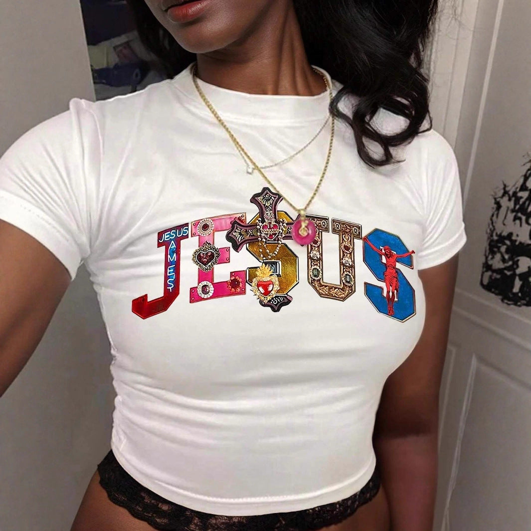 Damen Kurzarm Crop-T-Shirt mit witzigem Schriftzug Echo Archiv