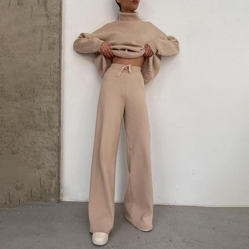 Damen Weite Strickhose mit hoher Taille, Tunnelzug und weitem Bein Echo Archiv