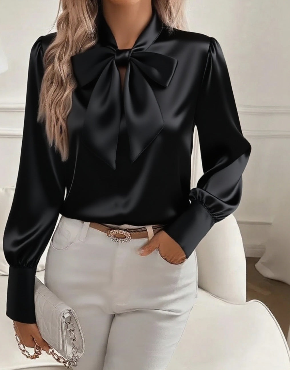 Damen elegante Satinbluse mit Schleifenkragen und Puffärmeln Echo Archiv