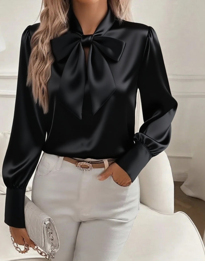 Damen elegante Satinbluse mit Schleifenkragen und Puffärmeln Echo Archiv