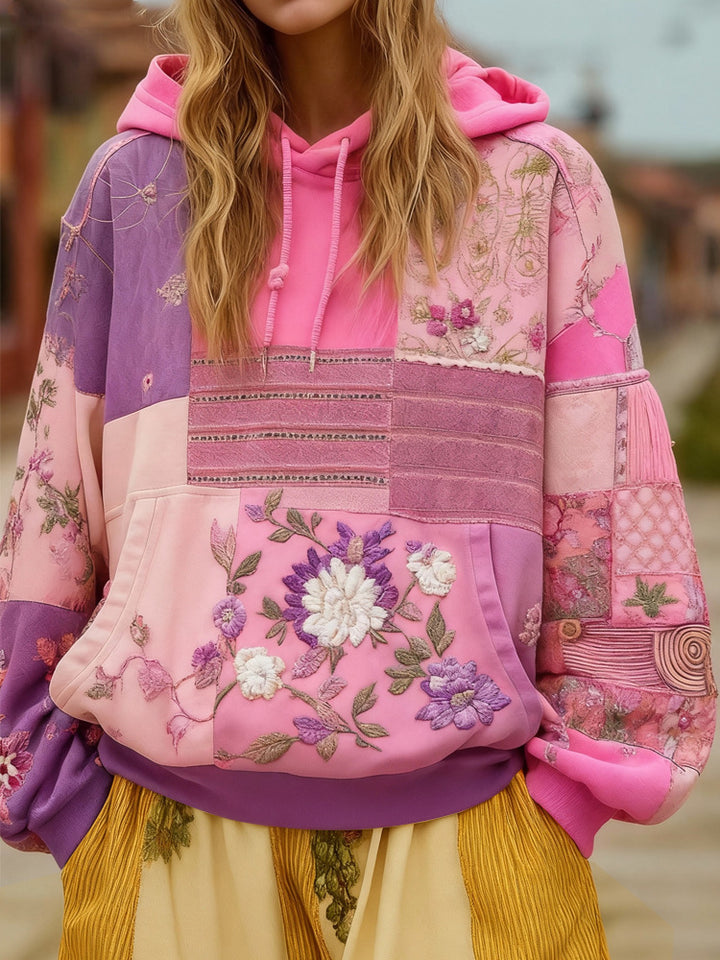 Damen Bestickter Patchwork-Kapuzenpullover mit Blumenapplikation und Kängurutasche – Auréline