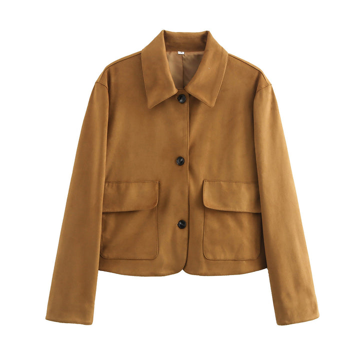 Damen Boxy-Kurzjacke aus Wildlederoptik mit Hemdkragen und aufgesetzten Pattentaschen Echo Archiv