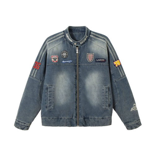 Herren Jeans‑Bomberjacke mit Vintage-Wash, Aufnäherdetail und Stehkragen Echoarchiv