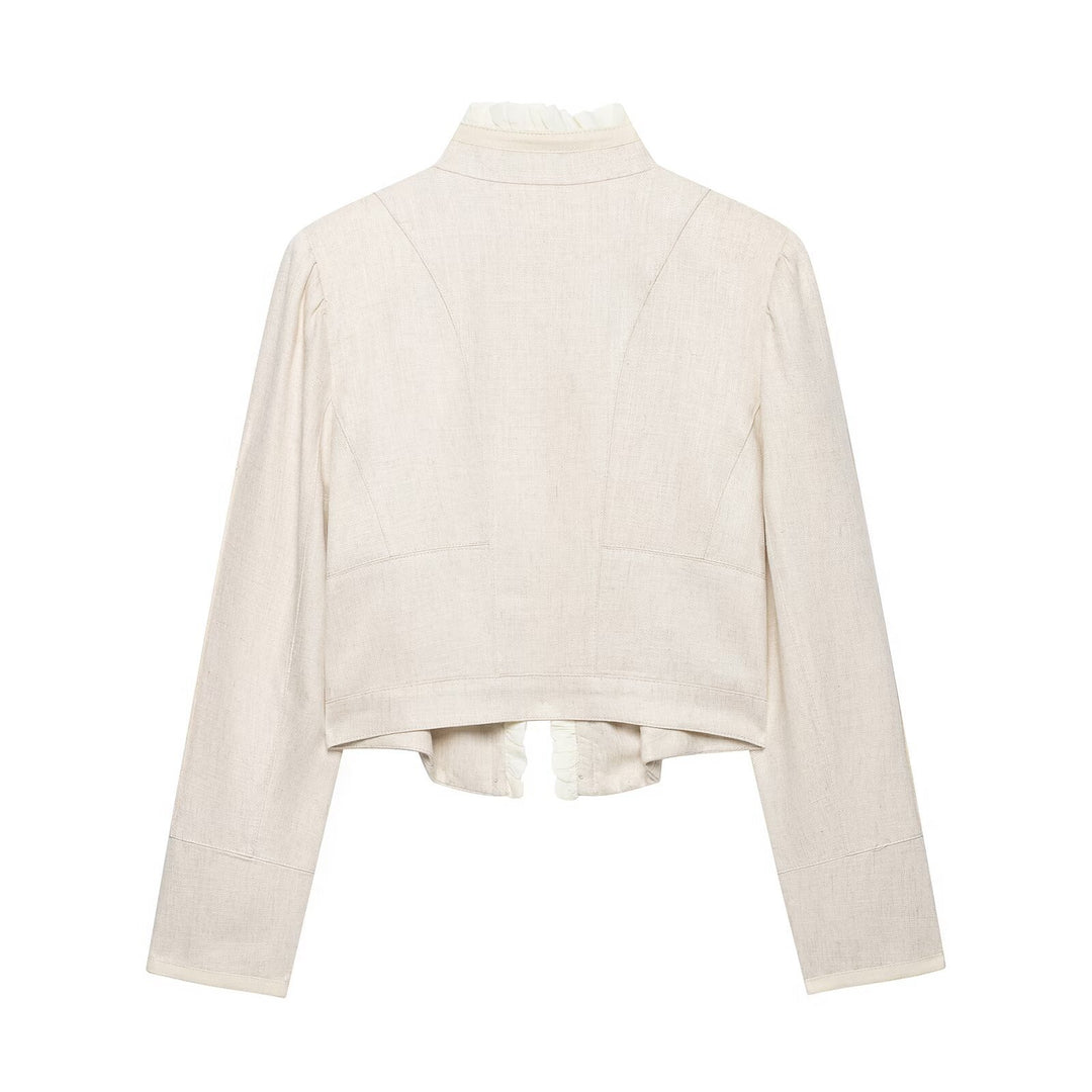 Damen Cropped-Jacke aus Leinenmix mit Stehkragen, Zierknopfleiste und Rüschendetail Echo Archiv