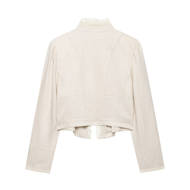Damen Cropped-Jacke aus Leinenmix mit Stehkragen, Zierknopfleiste und Rüschendetail Echo Archiv