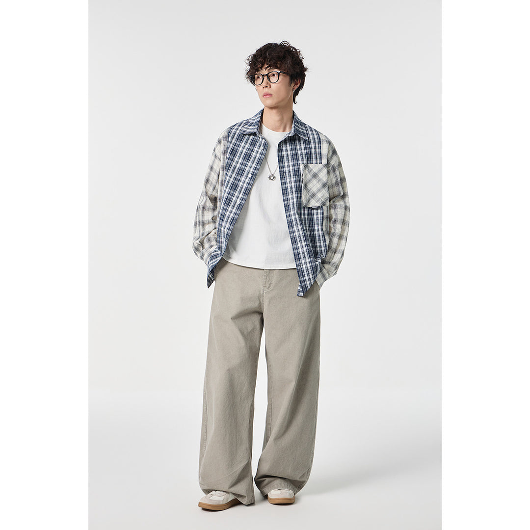Unisex Kariertes Overshirt im Patchwork-Look mit Brusttasche Echoarchiv