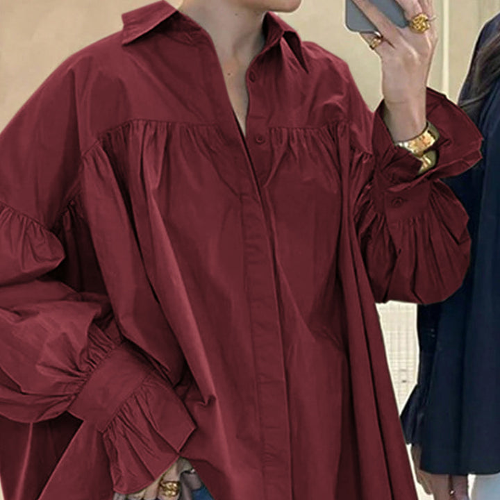 Damen weites Oversize-Hemd mit geraffter Schulterpasse und Ballonärmeln – Élovi