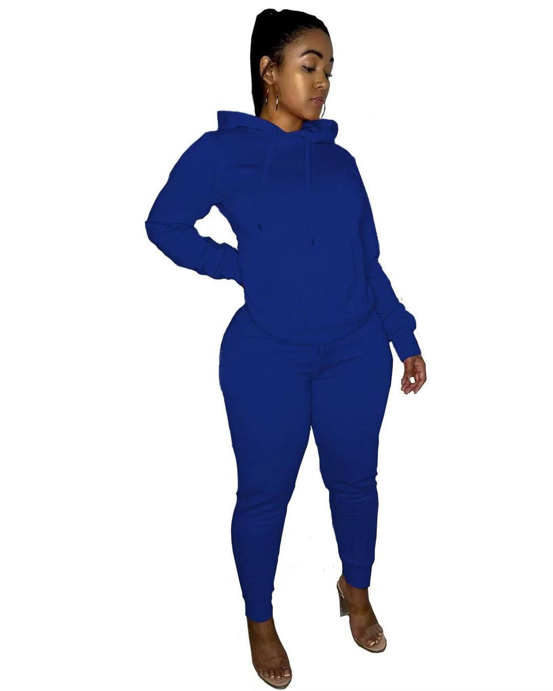 Damen tailliertes Hoodie- und Jogginghose-Set mit Kängurutasche, hohem Komfortbund und gerippten Knöchelbündchen – Auréline