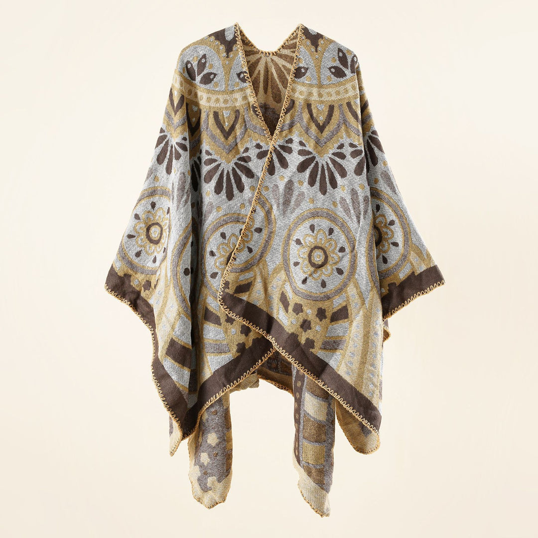 Damen Wollmix-Umhangponcho mit ornamentaler Jacquardstruktur und offenem Fall – Montévia