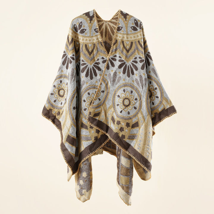 Damen Wollmix-Umhangponcho mit ornamentaler Jacquardstruktur und offenem Fall – Montévia