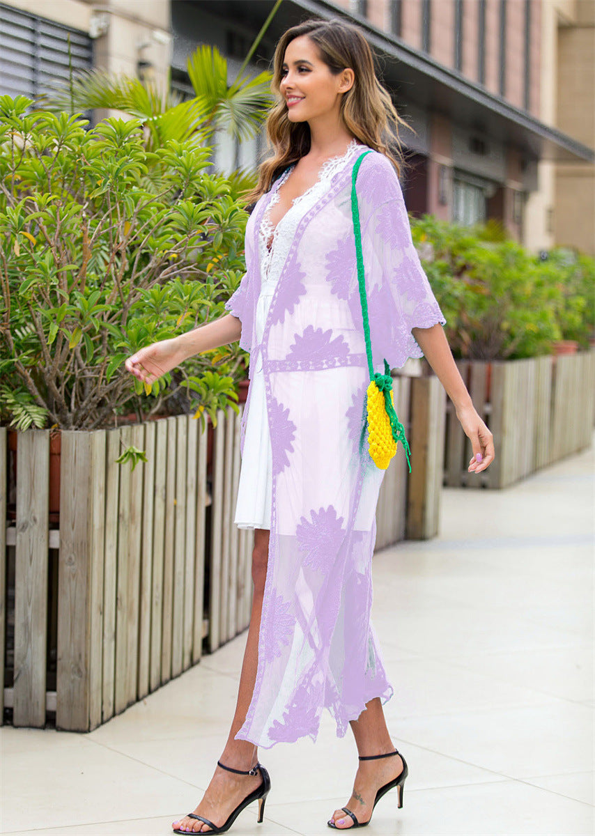Damen elegante Häkel-Strandrobe mit floralen Details und tiefem V-Ausschnitt Echo Archiv