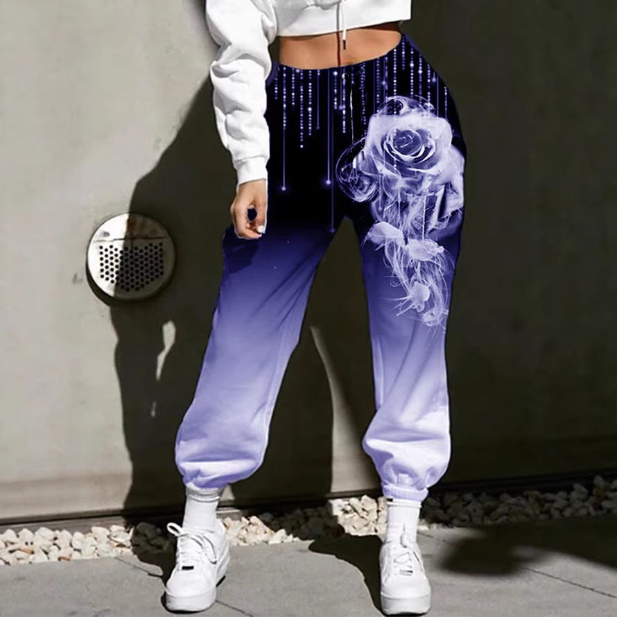 Damen Hohe Taille Jogginghosen mit Ombre-Gradient, Smoke Rose Druck und Elastischen Bündchen – Avélisse