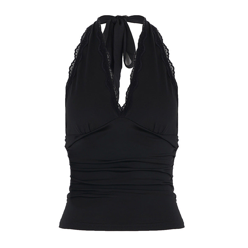 Damen Elegantes Haltertop mit aufregendem V-Ausschnitt und modischen Spitzenakzenten Echo Archiv
