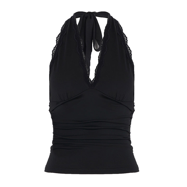 Damen Elegantes Haltertop mit aufregendem V-Ausschnitt und modischen Spitzenakzenten Echo Archiv