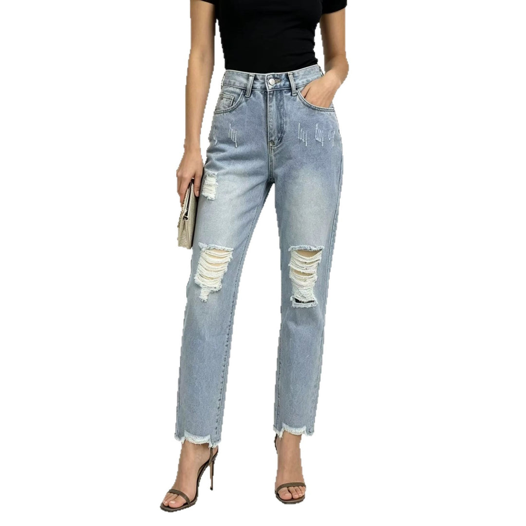 Damen nan hochgeschnittene Straight Leg Jeans mit gezielten Rissdetails und rohem Knöchelabschluss Echo Archiv