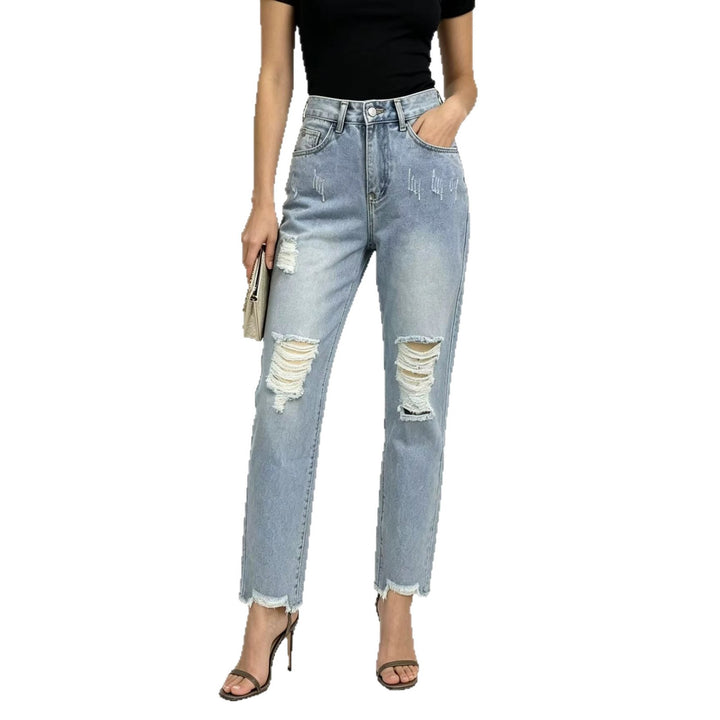 Damen nan hochgeschnittene Straight Leg Jeans mit gezielten Rissdetails und rohem Knöchelabschluss Echo Archiv