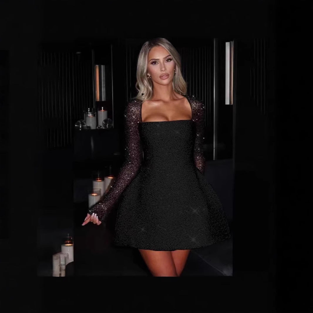 Damen Glamouröses Minikleid mit transparenten Spitzenärmel und figurbetontem Schnitt Echoarchiv