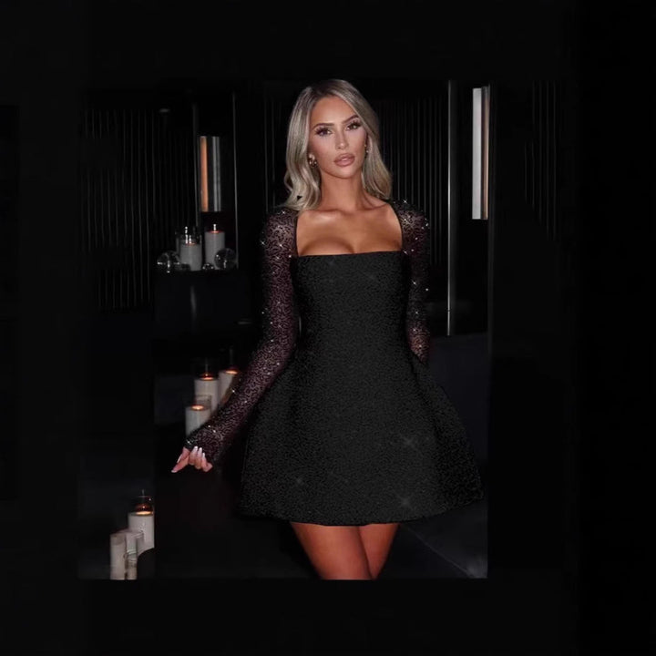 Damen Glamouröses Minikleid mit transparenten Spitzenärmel und figurbetontem Schnitt Echoarchiv