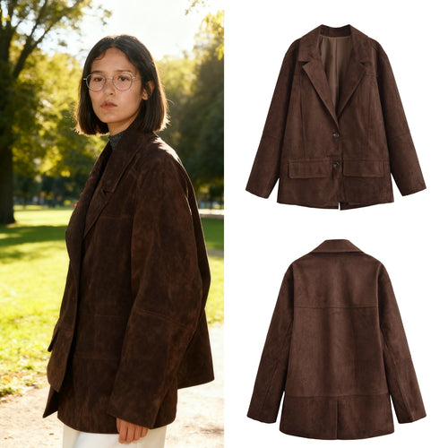Damen Oversize Wildlederoptik-Blazerjacke mit Reverskragen und Pattentaschen Echo Archiv