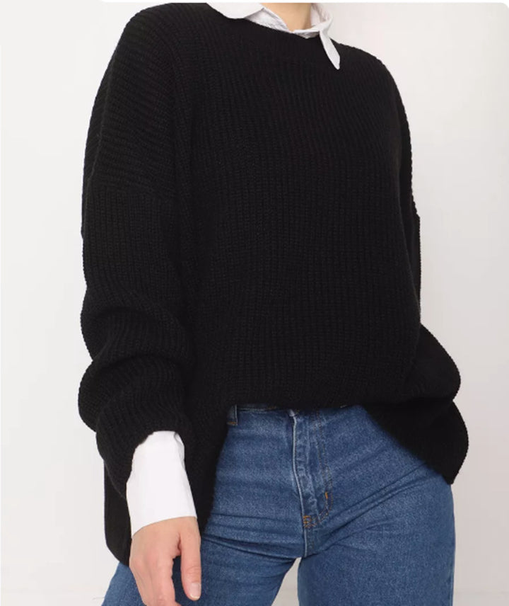 Damen Oversize Strukturstrick-Pullover mit Rundhalsausschnitt und überschnittener Schulter – Mavelle