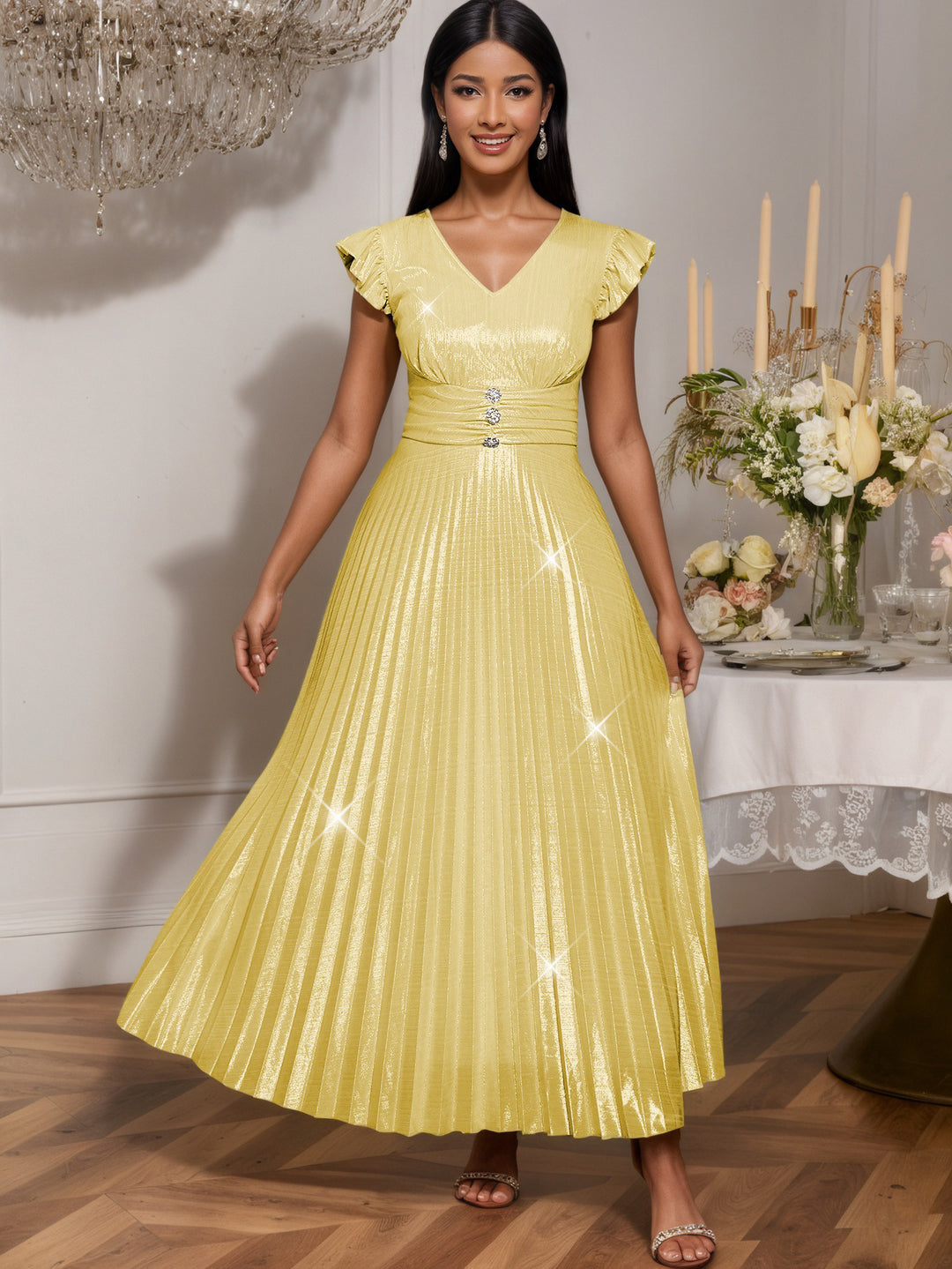 Damen elegantes Maxikleid mit schimmerndem Obermaterial und strukturiertem Taillenteil Echo Archiv