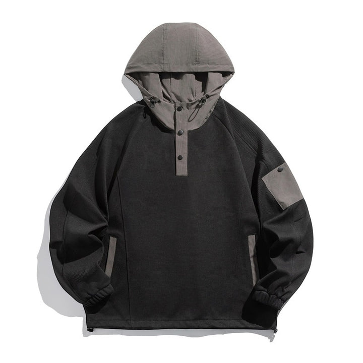 Unisex Technischer Kapuzenpullover im Oversize‑Cut mit Henley‑Knopfleiste, Patchtasche und tunnelzug Echo Archiv