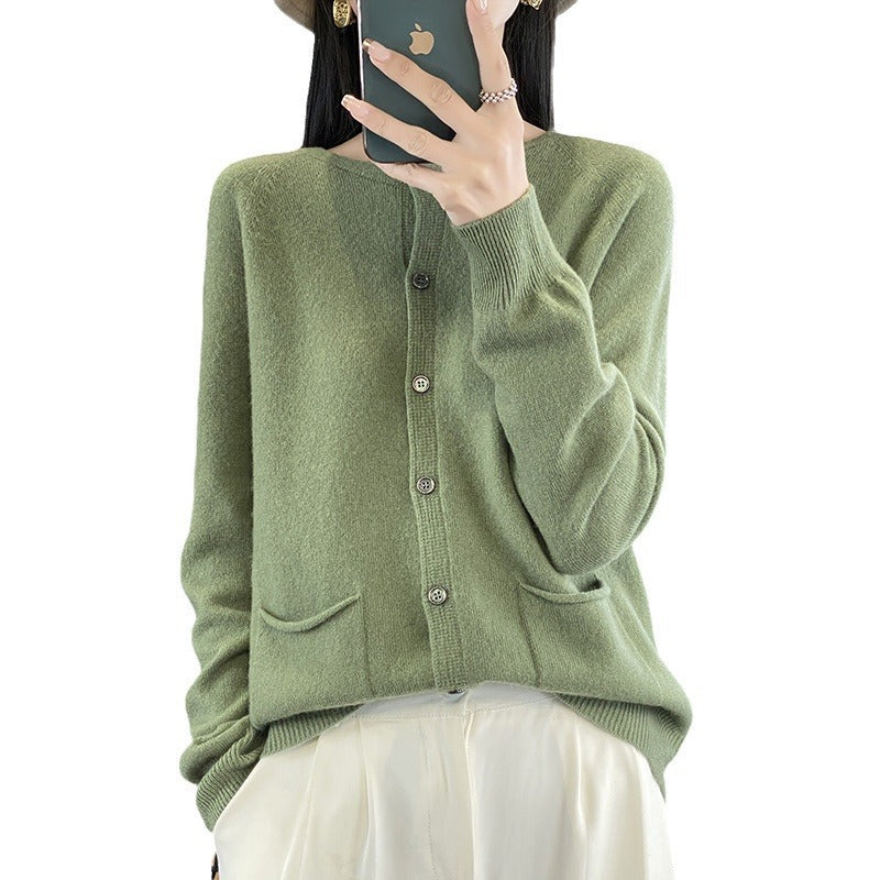 Damen Langer Feinstrick-Cardigan mit Rundhalsausschnitt, Eingrifftaschen und Alpaka-Mix Echoarchiv
