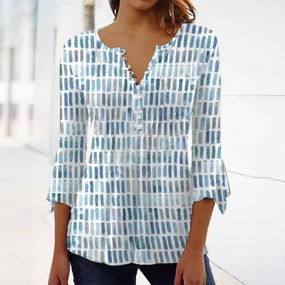 Damen nan luftig leichtes Aquarell-Print Blusenshirt mit Henley-Knopfleiste und dreiviertel Glockenärmeln Echo Archiv