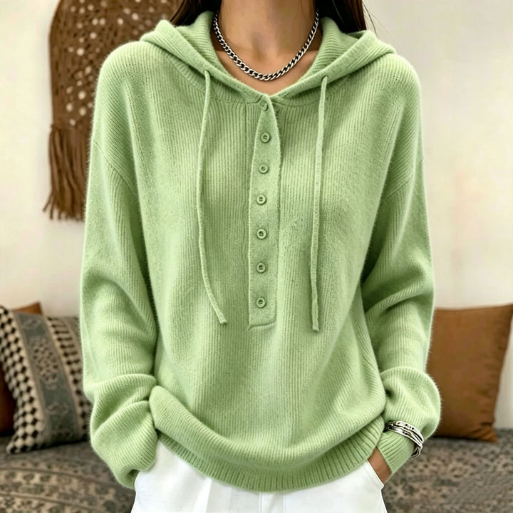 Damen Kapuzenpullover aus weichem Feinstrick mit Knopfleiste und relaxed Fit – Auréline