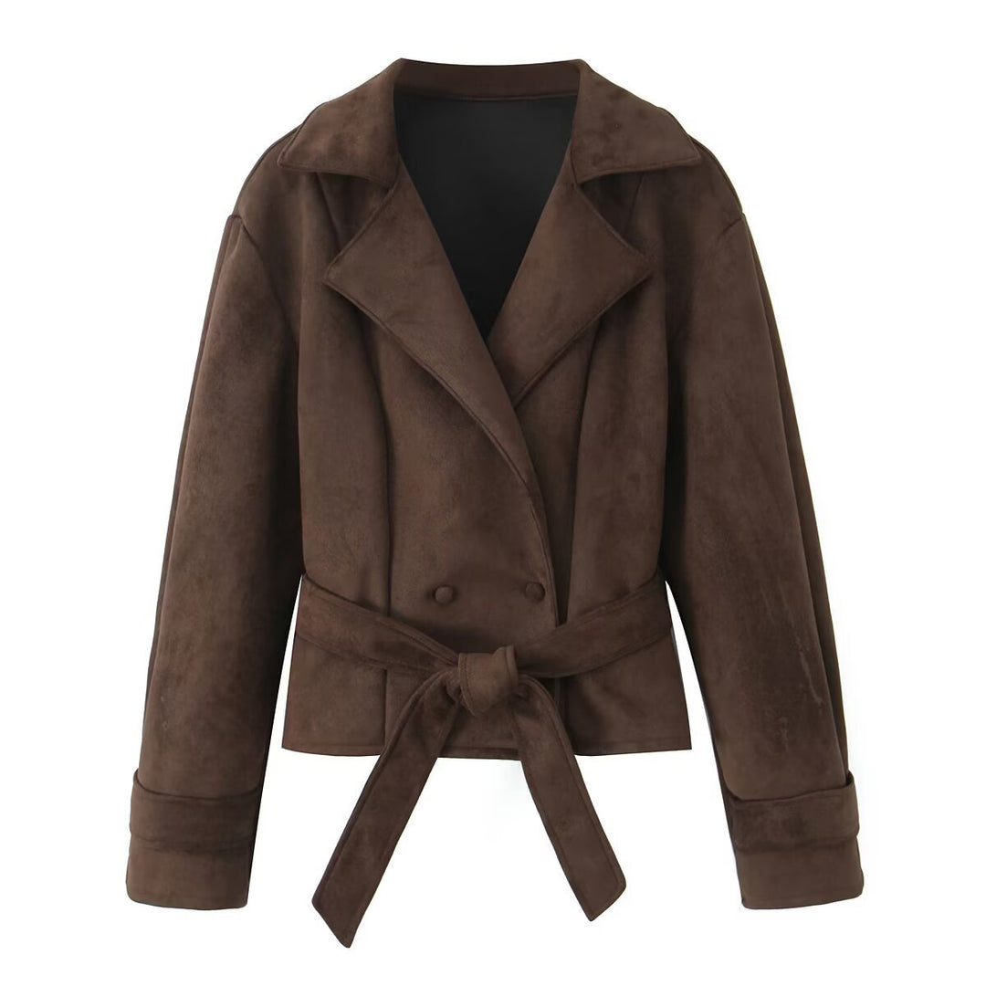 Damen Kurze Taillierte Velours‑Suede‑Jacke mit Bindegürtel und Reverskragen Echoarchiv