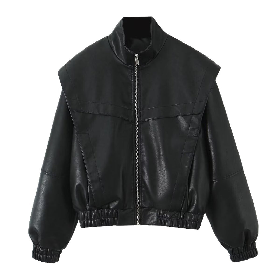 Damen Cropped Jacke im futuristischen Biker-Look aus veganer Lederoptik mit hohem Stehkragen und elastischem Saum Echoarchiv