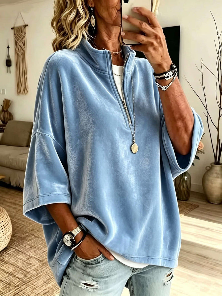 Damen Oversize Samt-Pullover mit kurzem Reißverschluss und Stehkragen Echoarchiv