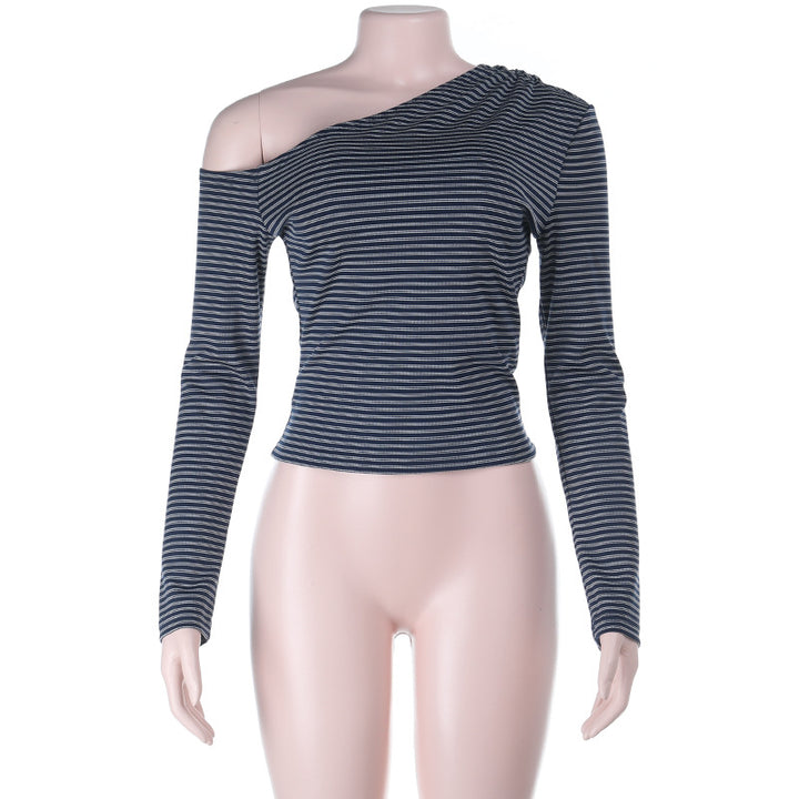Damen Schulterfreies gestreiftes tailliertes Langarm-Top mit asymmetrischem Ausschnitt – Avérine