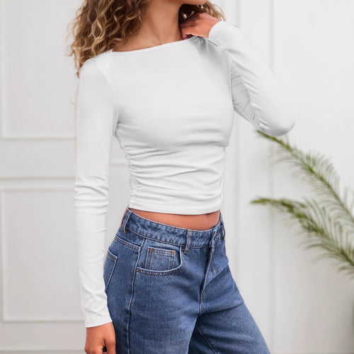 Damen Figurbetontes Langarm-Shirt mit U-Boot‑Ausschnitt und seitlicher Raffung – Avérine