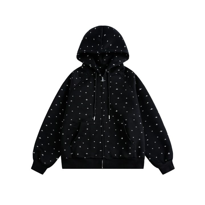 Unisex Oversize-Kapuzenjacke mit Sternchen-Print und durchgehendem Reißverschluss Echoarchiv