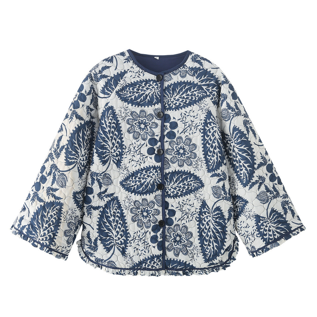 Damen nan gesteppte Steppjacke mit floralem Patchwork-Print, runder Knopfleiste und gerundetem Saum Echo Archiv