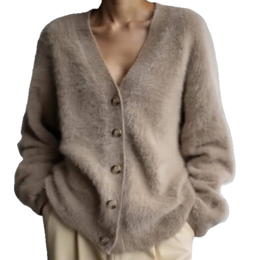 Damen Flauschiger Eyelash-Mix Oversize-Cardigan mit V-Ausschnitt und dekorativen Holzknöpfen – Veloura