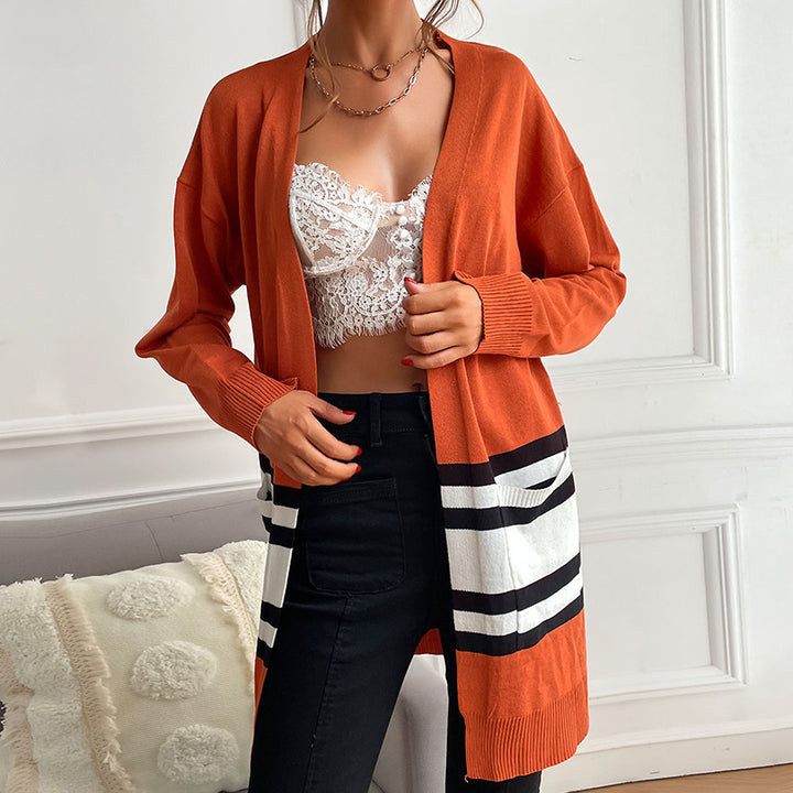 Damen Longline-Cardigan mit Kontraststreifen, aufgesetzten Taschen & Rippbündchen Echoarchiv